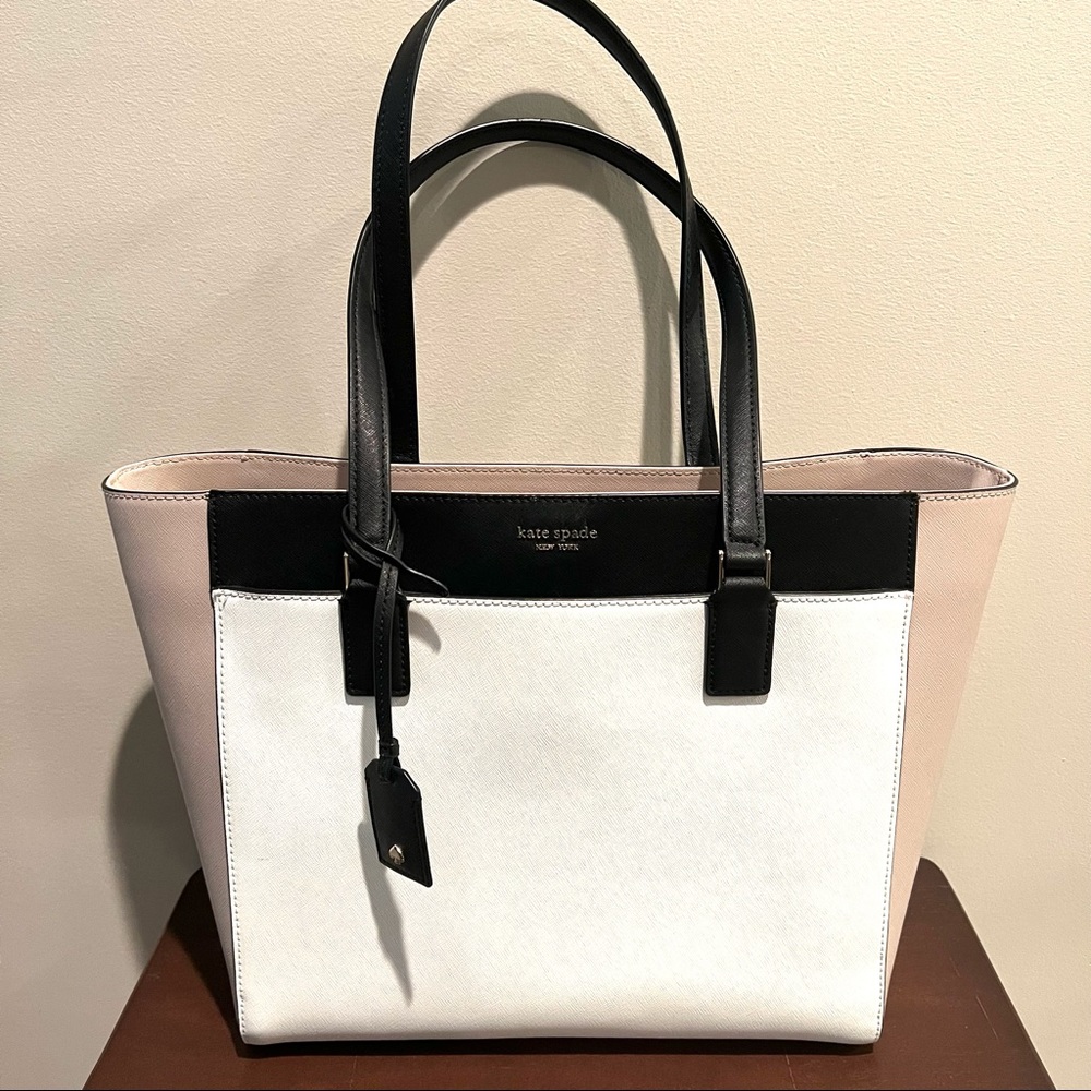 Kate Spade Cameron Large White, Black and Blush Color Block Tote Bag
